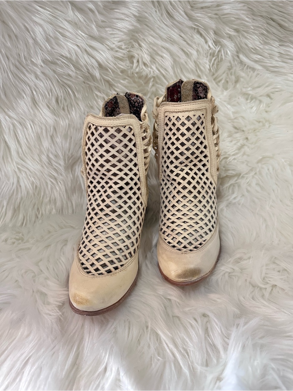 Freebird Lazor Beige Lattice Peep-Toe Booties